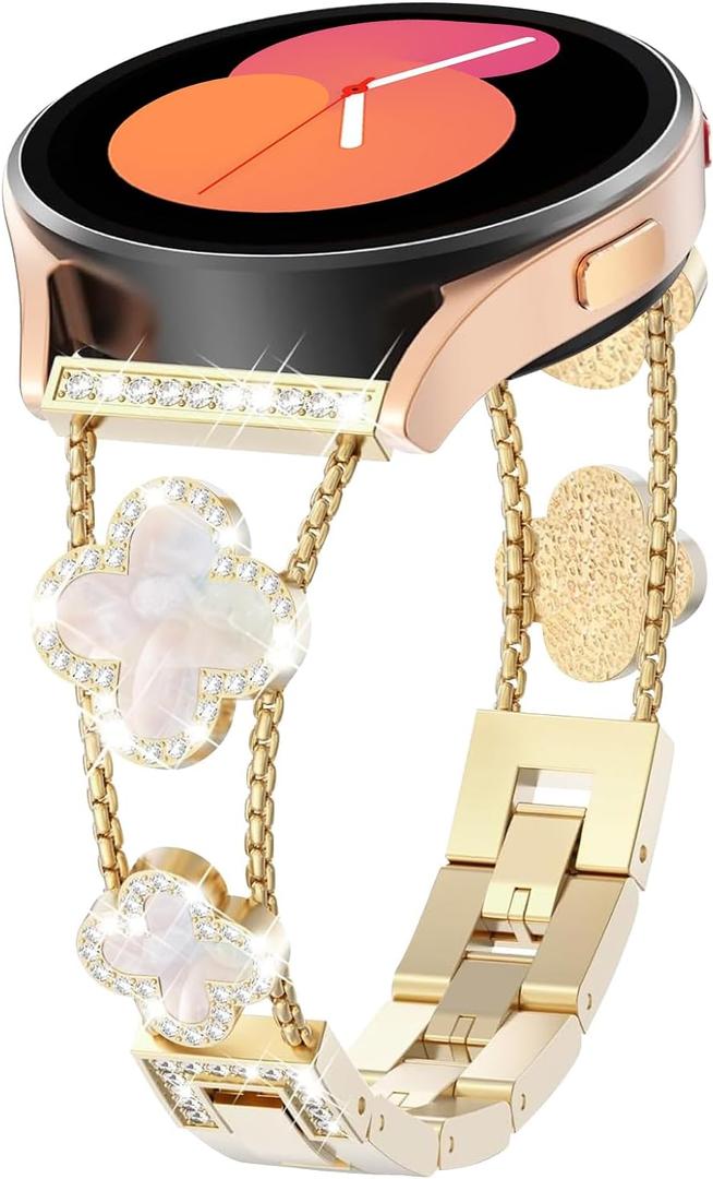 20MM Bling Metal Band Compatible for Samsung Galaxy Watch 7/6/5/4 40mm 44mm/Galaxy Watch 5 Pro 45mm/Galaxy Watch 4 Classic 46mm 42mm, Diamond Four/4 Leaf Clover Metal Watch Strap for Women