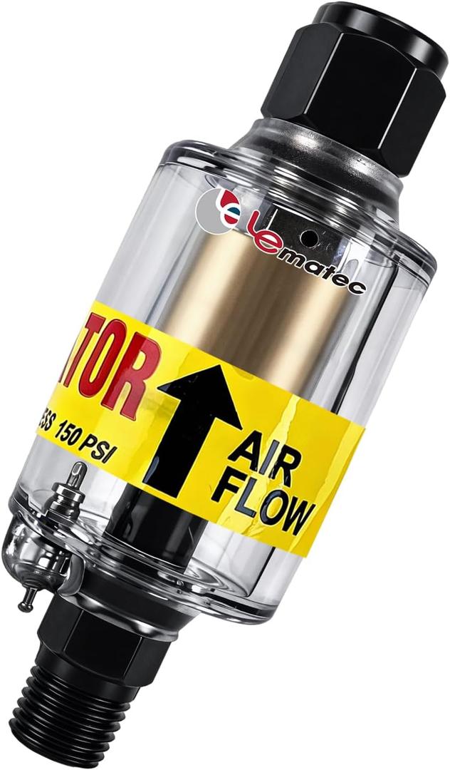 LE LEMATEC Air Dryer for Compressor - Inline Water Separator & Air Tool Oil, 1/4" NPT Moisture Separator for HVLP Spray Guns, Plasma Cutters, Pneumatic Tools, 2-150 PSI