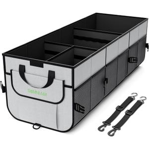 Simniam Car Trunk Organizer with Insulated Grocery Bag- 110L High Capacity Car Storage Box, with 4 Compartments, Reflective Strip, Cover, for Auto, SUV, Truck, Minivan (Grey)