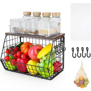 Hanging Fruit Basket, Metal Fruit Bowl with Lid for Counter Wall-Mounted, Stackable Black Vegetable Rack with Mesh Bag, Storage Organizer with Banana Hanger for Kitchens, Pantry, Snack (1PCS)
