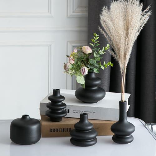 JOJUNO Black Bud Vases, Small Ceramic Vase Set of 5, Mini Pottery Vases for Flowers, Decorative Vases for Home Modern Decor, Boho Decor, Chic Vases for Living Room Dining Table Shelves