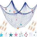 28 Pcs Fishnet Decorative Nature Fish Net Wall Decoration Set 79 x 59 Inch Nautical Fishing Net Hanging Decor, 9 Sea Shells, 4 Starfish, 2 Life Ring, Fish, Anchor, 10 Clips for Party (Blue)