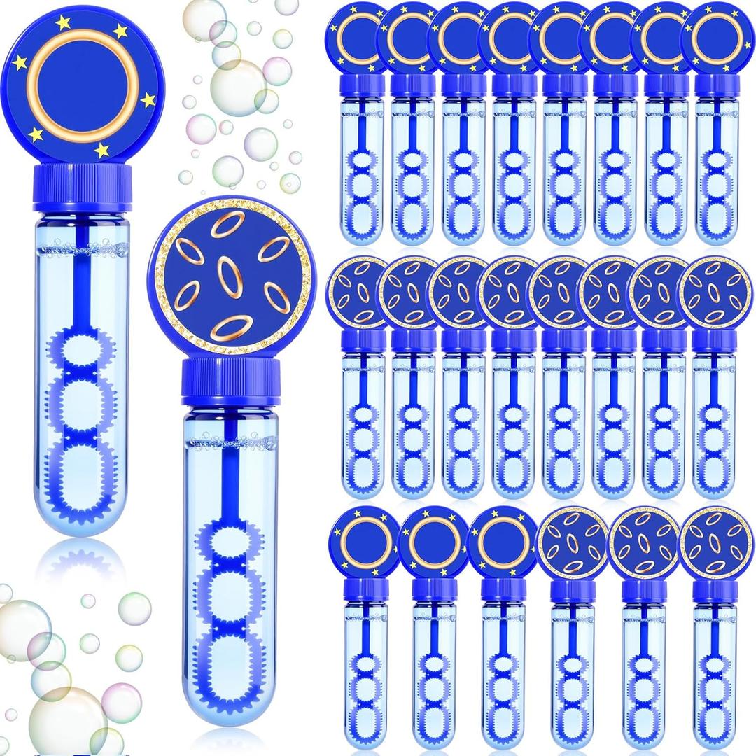 24 Pcs Blue with Gold Ring Print Bubble Wands Bubbles Party Favors for Birthday Gifts Prizes Supplies Carnival Easter Goody Bag Stuffers