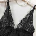 Foxiny Sexy Open Front V Neck Ruffle Sheer Mesh Lace Wireless Babydoll Lingerie Dress with Thong 2 Piece (Black, Large)