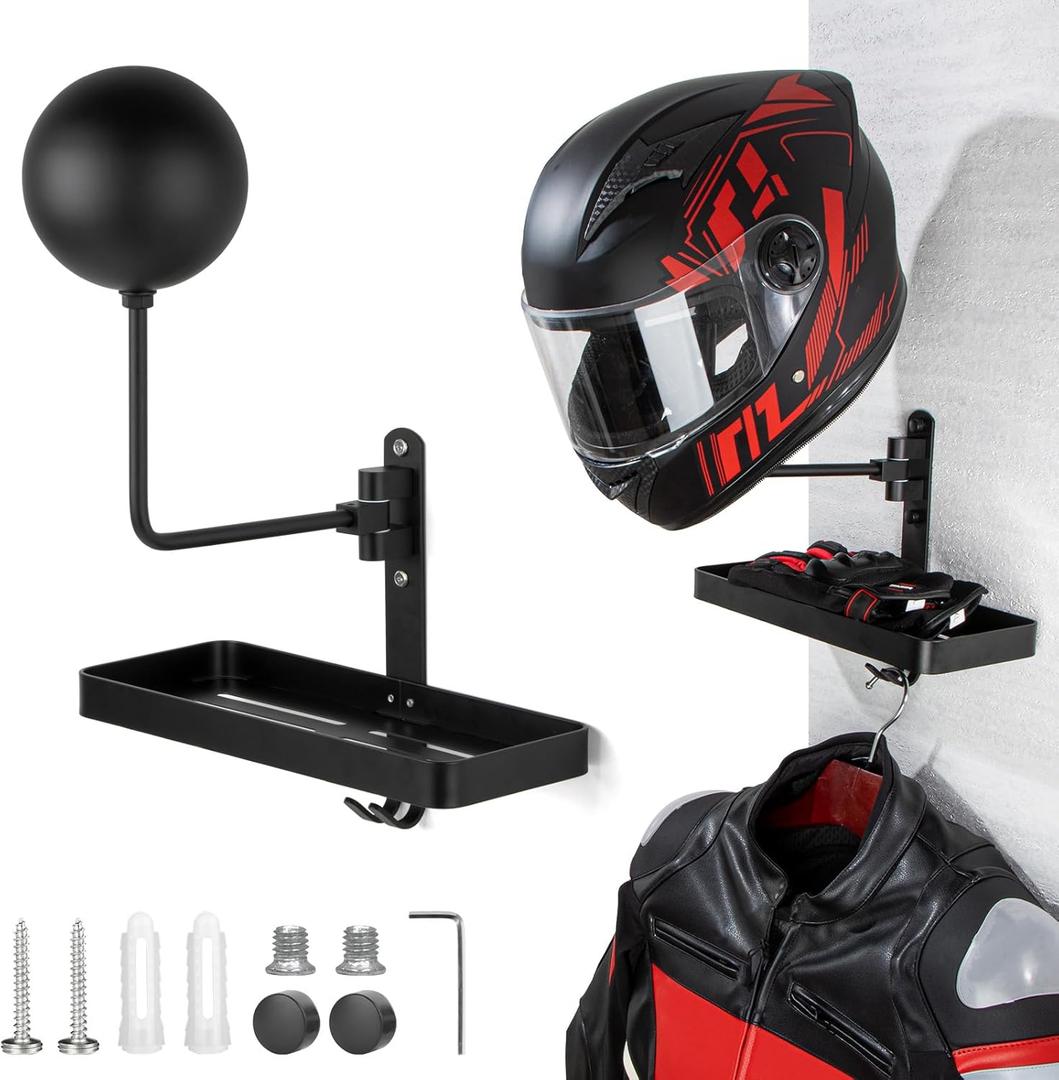 PUERSI Helmet Holder Wall Mount with Shlef, 180 Rotation Helmet Storage Rack for Motorcycle Bike Racing Outerwear Sports Gear Display Motorcycle Accessories