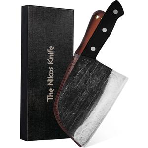 Serbian Chef Knife - 6.7 Inch Hand-Forged High Carbon Steel Full Tang Butcher Knife with Wood Handle - Razor Sharp Cooking Knife - Leather Sheath Included