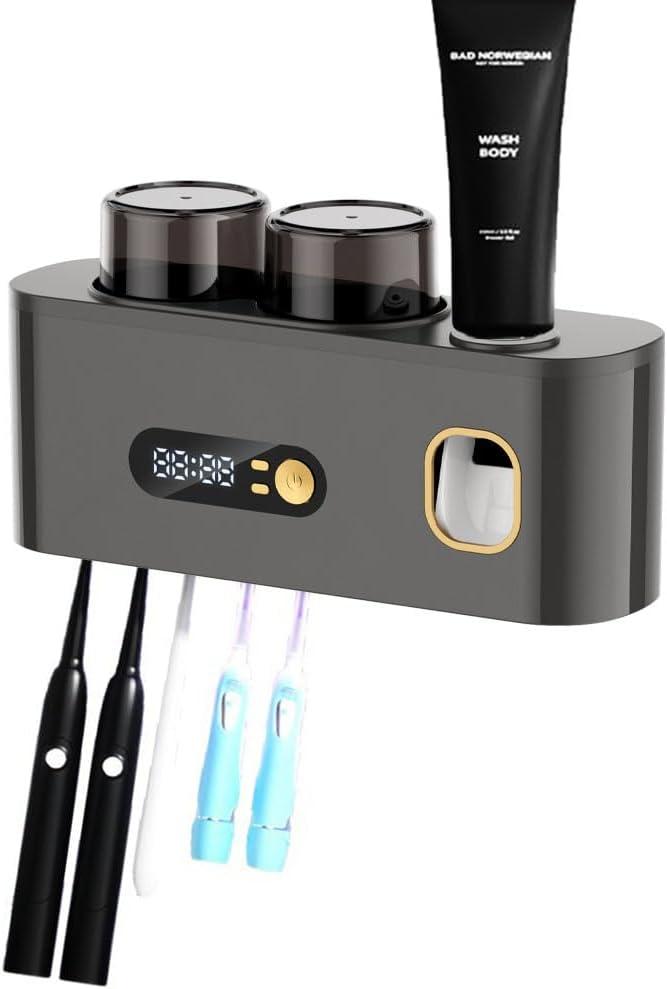 Upgrade Toothbrush Sterilizer,Toothbrush Holder for Bathroom,Tooth Brush Cleaning Tool with Toothpaste Dispenser Wall Mounted Type-C Charging with 2 Cups (Grey)