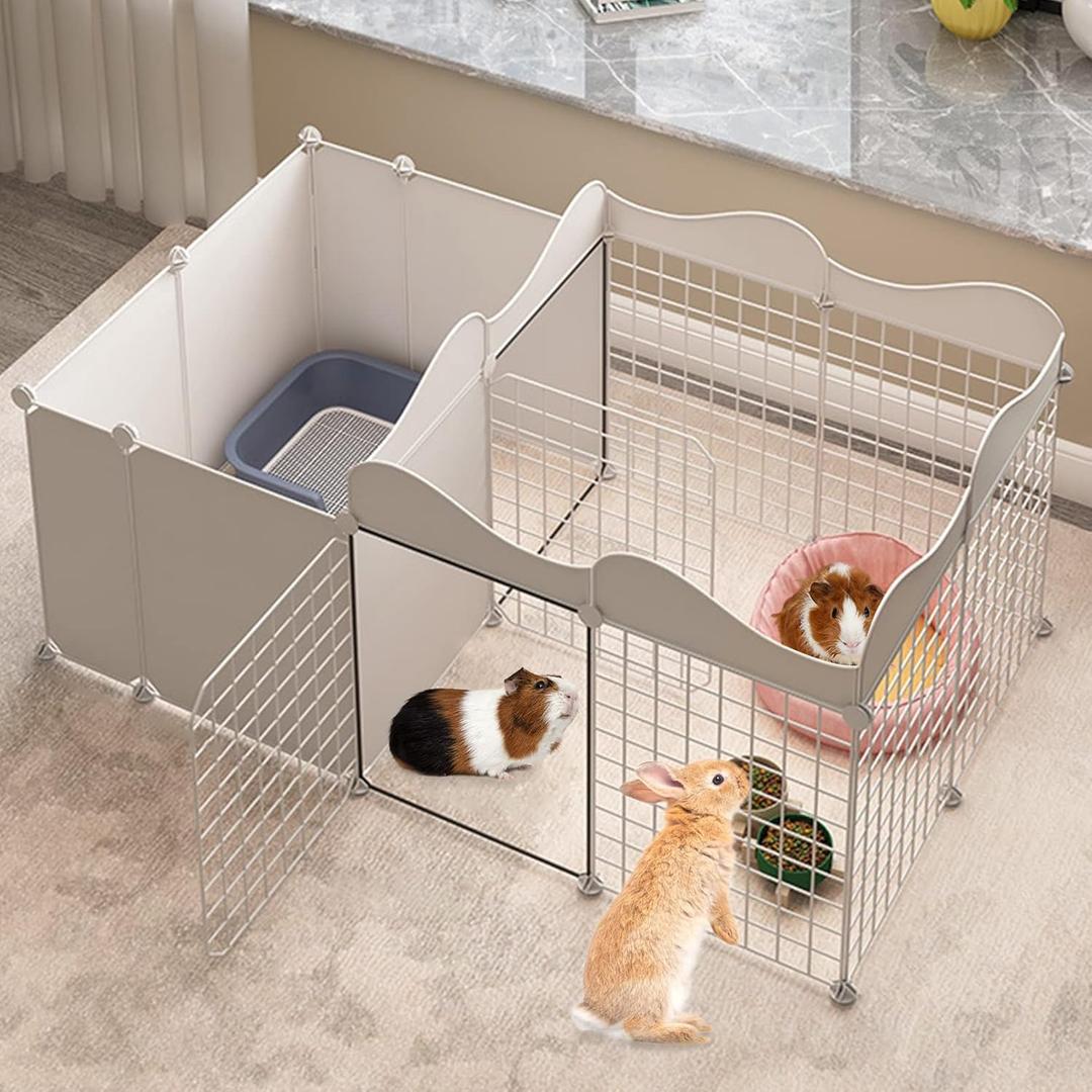 Fhiny Small Animal Playpen, Portable Rabbit Fence Indoor Metal Wire Yard Fence Guinea Pig Cage Playpen Metal Enclosure for Rabbit Guinea Pig Chinchilla Hamster Puppy Kitten with 12 Panels (White)