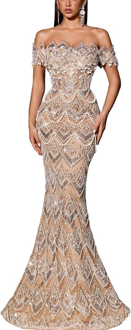 Women Off Shoulder Sequin Mermaid Evening Dress Lace Up Back Formal Gown Beaded Bodycon Prom Dress Party Wedding Guest (Large, #1 Champagne)