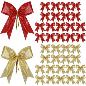Cindeer 36 Pieces Glitter Christmas Bow Tie Christmas Tree Decorations 6.3 x 5.5 Inch Xmas Decor Wreath Ornaments for Garland Gift Party Decoration(Red, Gold)