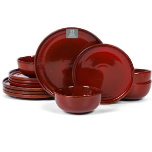 Vicrays Ceramic 12 Pieces Dinnerware Set - Dinner Plates Salad Plates Cereal Bowls Set Service for 4 - Scratch Resistant Microwave Oven Dishwasher Safe - Cherry Red