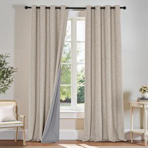 PONY DANCE 100% Total Blackout Natural Linen Curtains 90 inches Long 2 Panels Set, Faux Linen Thermal Insulated Grommet Drapes for Bedroom Living Room, Room Darkening Window Curtain 52 Inch Wide