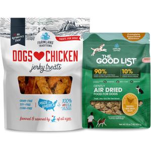 Farmland Traditions Dogs Love Chicken Jerky Dog Treats (3 lb) & The Good List Air-Dried Dog Food with Chicken & Bone Broth (1 lb) Bundle, High-Protein & Grain-Free