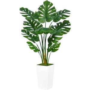 Artificial Monstera Deliciosa Plant 5FT - Faux Tropical Palm Tree with White Tall Planter - Fake Swiss Cheese Floor Plant Potted - Artificial Tree for Home Office Living Room Decor Indoor