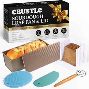 5-Pack Pullman loaf pan with Lid  Sourdough Loaf Pan Set, Includes Dough Scraper, Whisk, Silicone Cleaning Brush & Bread Cutter  Long Loaf Pan with Lid for Homemade Loaf