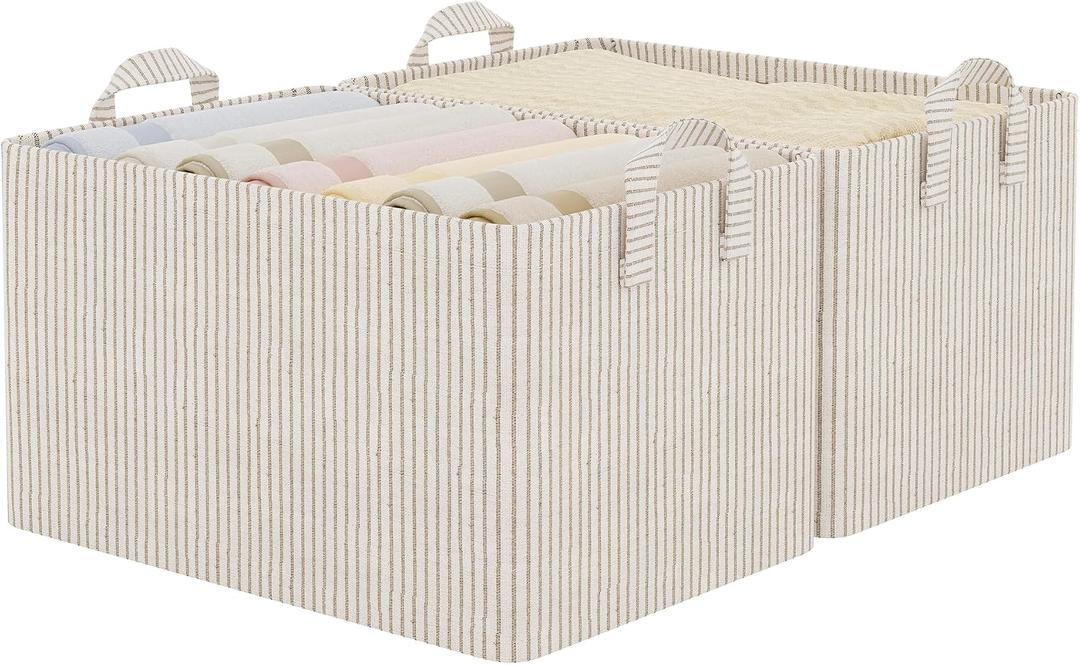 StorageWorks Storage Bins, Fabric Storage Bins for Shelves, Extra Large Storage Baskets with Metal Frame, Closet Baskets and Bins with Handles, Jumbo, Khaki and Beige Stripes, 2-Pack
