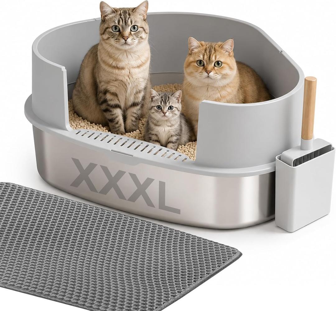 Gimars XXXL Stainless Steel Litter Box with Lid, 26.6" L x 20.3" W x 11.8" H Triangle Corner Metal Litter Box for Big Cats, Space-Saving Side Entry, High Sides, Easy to Clean