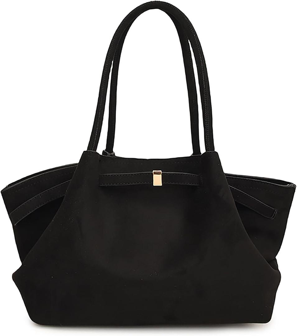 Makukke Faux Suede Tote Bag for Women, Hobo Handbag Women Vintage Shoulder Bag Purse for Work Office Travel (Black-medium-suede)
