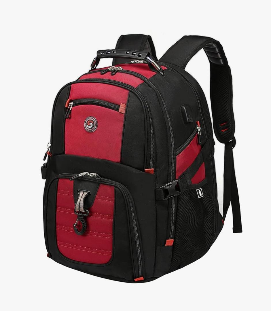 SHRRADOO Extra Large 50L Travel Laptop Backpack with USB Charging Port, College High School Backpack Airline Approved Business Work Bag Fit 17 Inch Laptops for Men Women,Red