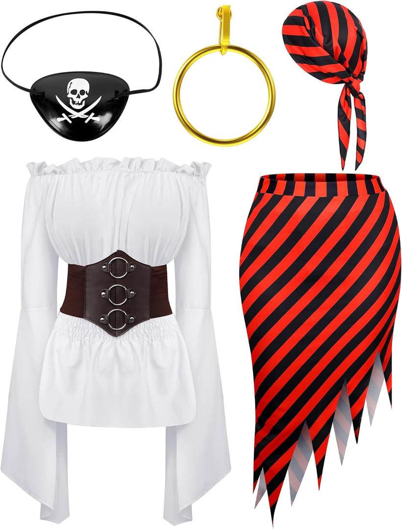 Women Pirate Costume Set - Renaissance Adult Costume With Head Scarf Hat for Carnival Mardi Gras Cosplay (Large, White)