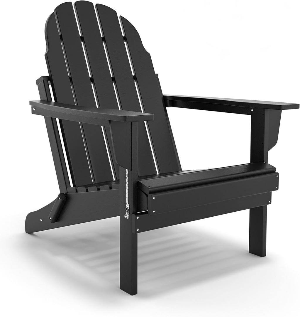 Folding Adirondack Chair - Durable HDPE Poly Lumber All-Weather Resistant, Foldable Oversized Balcony Porch Patio Outdoor Chair for Lawn, Backyard, Deck, Garden, Camping - Easy Installation, Black