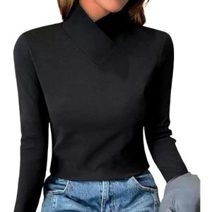 XNC Women's Fall Winter Long Sleeve Turtleneck Brown Plain T Shirts High Stretch Mock Neck Warm Underwear Pullover Fit Tees (Large, Black)