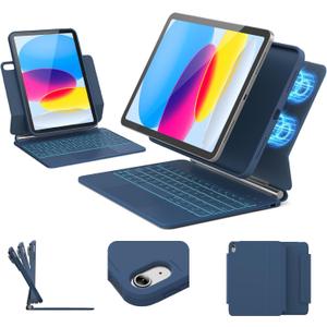 for iPad 11th (A16, 2025)/10th Generation Case with Keyboard, Portrait/Landscape, 11-Color Backlit & Multi-Touch Trackpad, Detachable Case & Stain-Resistant Leather, Pencil Buckle, Blue