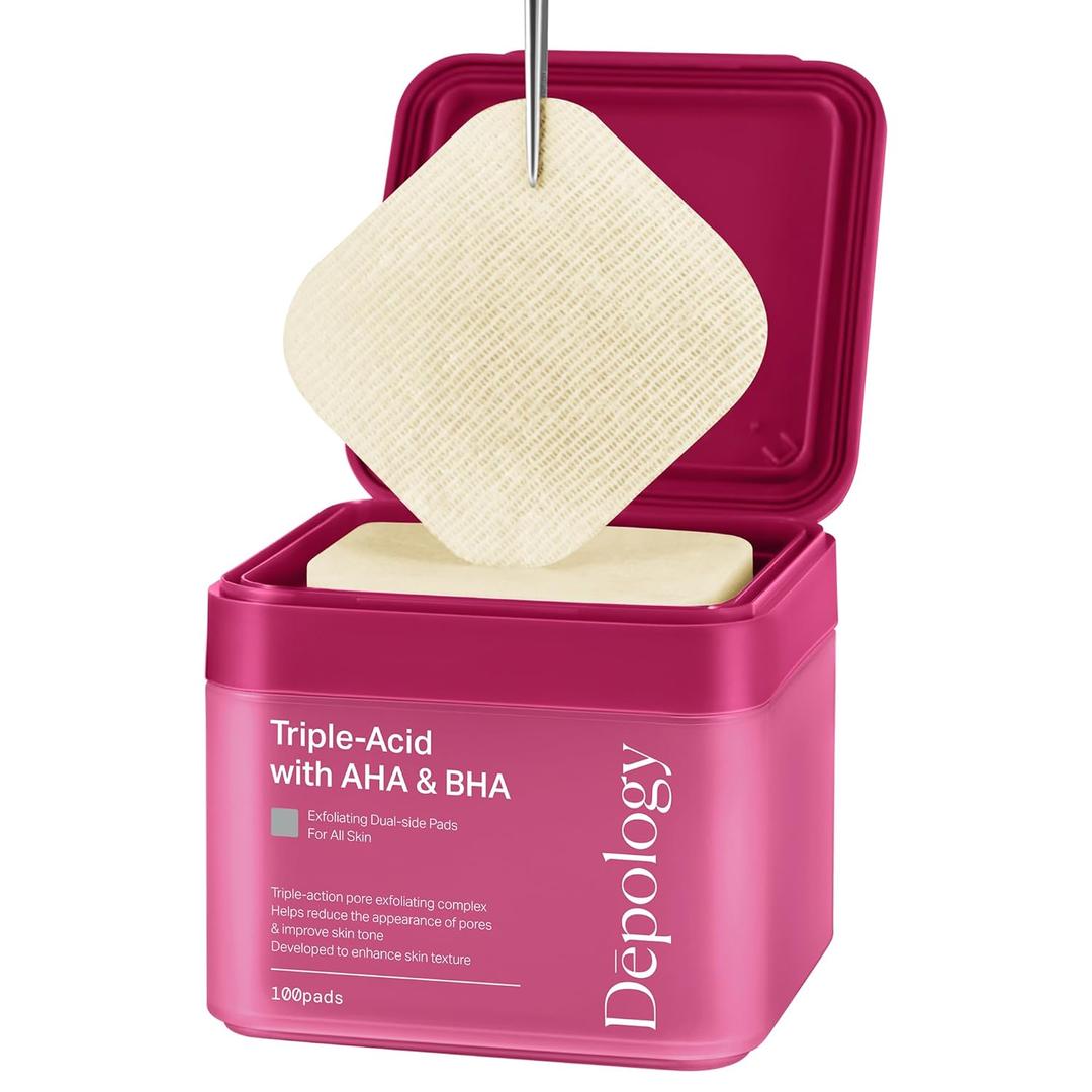 depology Triple-Acid Exfoliator Toner Pads - Double sides Gentle Resurfacing Pads with Glycolic, Lactic & Salicylic Acid for Pores, Dullness & Texture