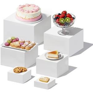 IANFAN 6 Pcs Buffet Risers, Food Risers for Buffet Table, White Acrylic Cube Boxes Display with Hollow Bottoms Display Stand Shelf for Party Cake Dessert Catering Jewelry Collectibles (3"4"5"6"7"8'')