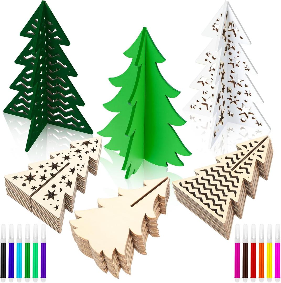 Blosssound 48 Pcs Christmas Craft Set 36 Wood Tree Crafts 3D Christmas Tree Cutouts with 12 Colored Markers Wooden Unfinished Slices to Paint for Xmas Winter DIY Handmade Tiered Tray Decor