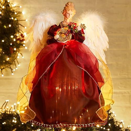 Christmas Angel Tree Topper with Feather Wings, Plug in Christmas Tree Ornament for Indoor Office Xmas New Year Holiday Tree Decoration, red