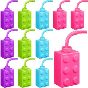 Mumufy 12 Sets Building Blocks Cups with Straw and Lids, 10 oz Reusable Kids Cup Brick Party Plastic Cups for Block Birthday Party Supplies Favors