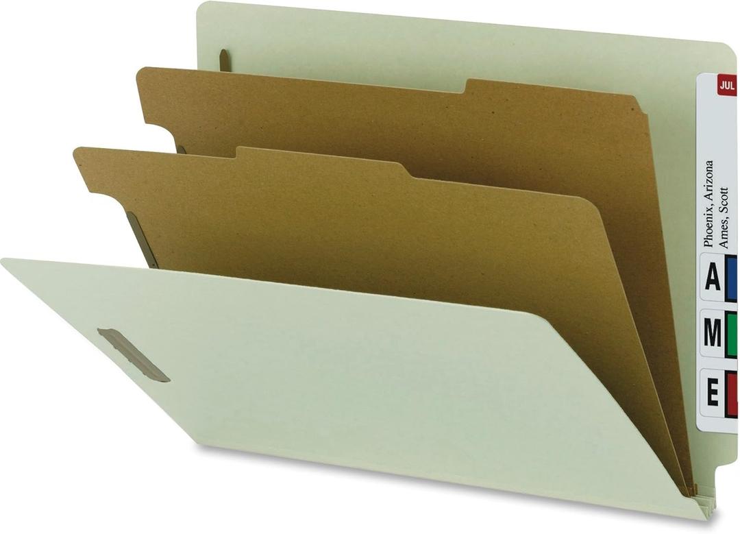 Smead 100% Recycled Pressboard End Tab Classification Folder, 2 Dividers, 2" Expansion, Letter Size, Gray/Green, 10 per Box (26802)