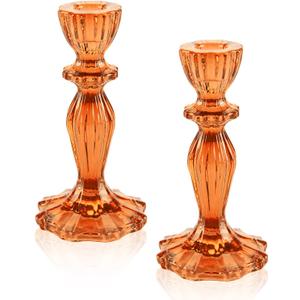 Glass Candle Holders, 2PCS Pillar Candle Holders Decorative Candlestick Holders Table Centerpieces Valentines Wedding Home Decor, Orange