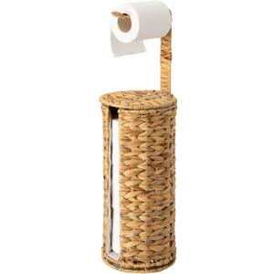 StorageWorks Wicker Water Hyacinth Freestanding Toilet Paper Holder Stand with Storage, Farmhouse Covered Toilet Paper Stand for 4 Rolls with Cloth Lining, Tissue Holder for Bathroom Decor with Shelf