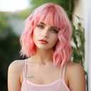 Pink Wig for Women,Pastel Loose Wavy Wig with Air Bangs Shoulder Length Bob Synthetic Cosplay Wig for Girl Colorful Costume Wigs (Pink)