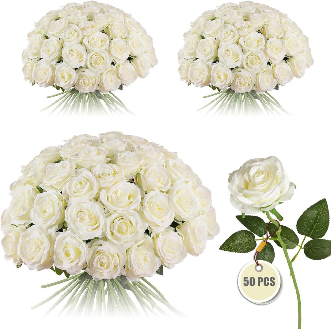 50PCS Artificial Silk Roses Flowers Realistic Fake Roses in Bulk & Bouquet Long Stem White Rose for Wedding Centerpieces, Home Decor, Floral Arrangements, Party Decoration (White)