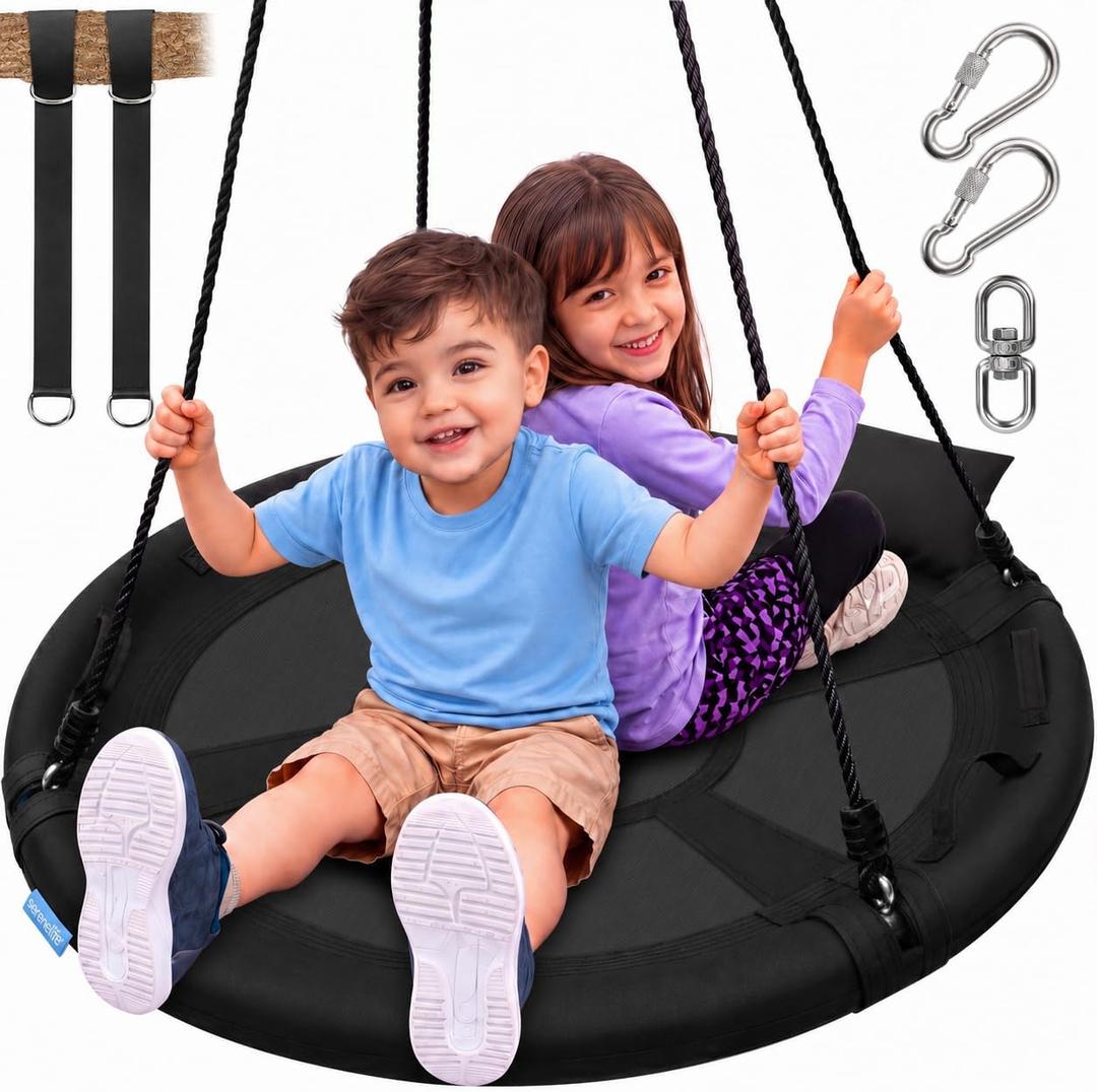 SereneLife Saucer Swing with Tree Hang Kit, 40 Outdoor Tree Swing, 2 Adjustable Hanging Rope Straps and Center Swivel Spinner for Kids (Black)