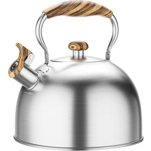Tea Kettles Stovetop, 2.6 Quart Whistling Tea Kettle for Stove Top, Food Grade Stainless Steel Teapot Tea Pot with Wood Pattern Handle for Home Kitchen, Brushed Silver