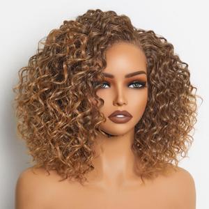 GORGIUS Shaggy Curly Wave Bob Wig Glueless Ready To Go Hd Lace Front Wigs for Women Ombre Fiber Blend Human Hair 200% Density Pre Plucked Pre Cut Side Part Honey Colored 12 Inch