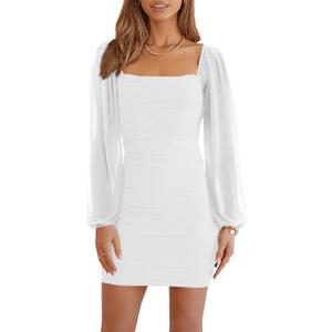 Wenrine Women's Mesh Long Sleeve Square Neck Ruched Party Club Cocktail Bodycon Mini Dress (White), Small