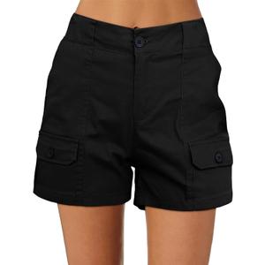 luvamia Cargo Shorts for Women Casual Summer High Waisted Chino Shorts Ribbed Elastic Waist Utility Pockets Comfy Shorts (Small, Black)
