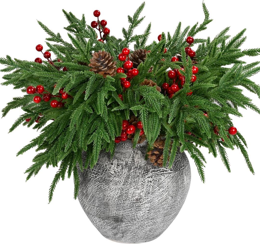 12 Pcs Artificial Norfolk Pine Stems, 17.7 Inches Realistic Touch Norfolk Branch with 24 Big Pinecones and 24 Red Berry Picks Christmas Faux Greenery Faux Sprigs for Xmas Indoor Outdoor Home Dcor