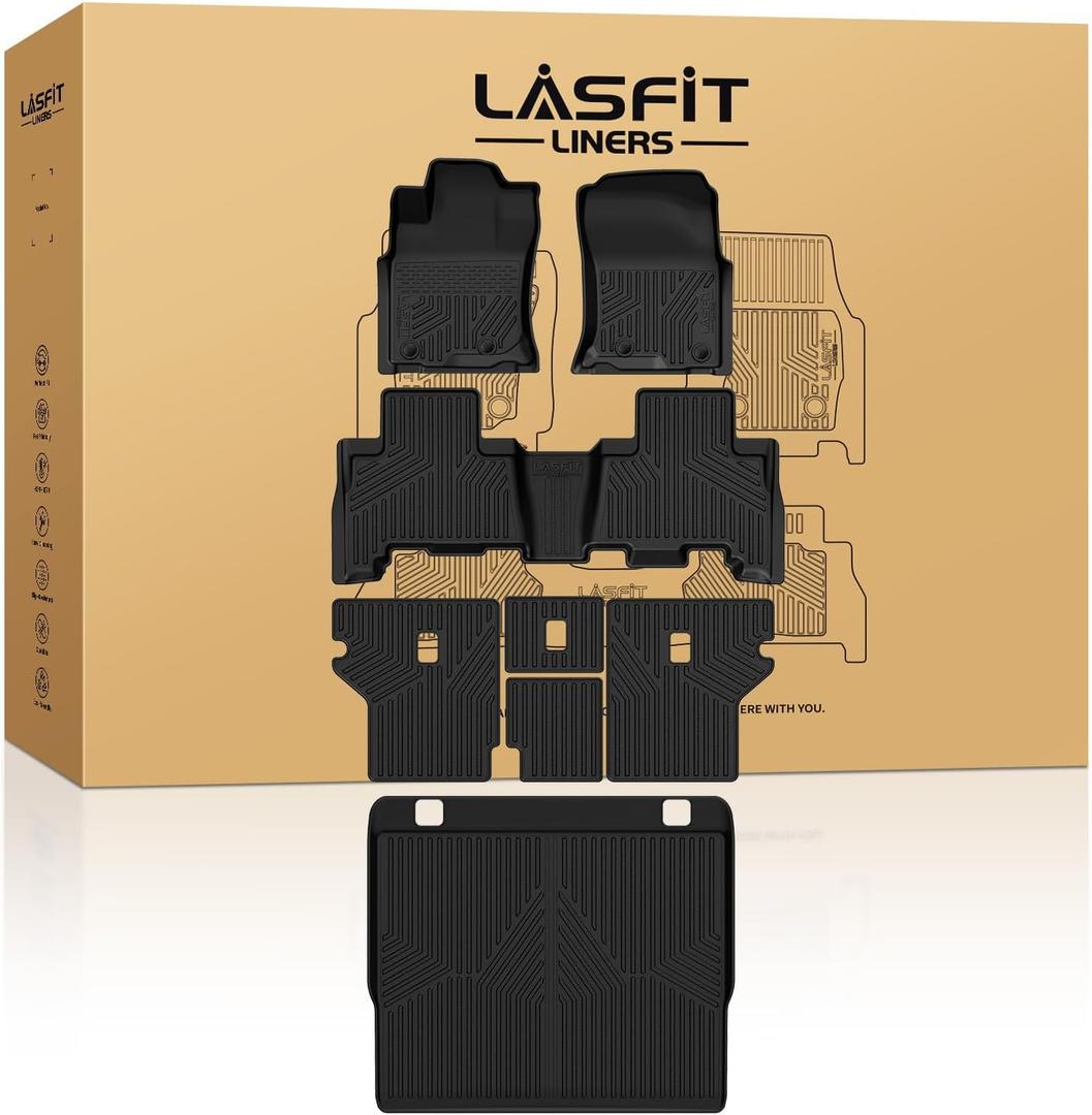 LASFIT Floor Mats&Cargo Mat for Toyota 4Runner 2013-2024 (Only for 5 Seats) Backrest Mats All Weather TPE Mats Custom Fit Floor Liners for Toyota 5th gen 4 Runner 1st & 2nd Row Full Set Car Mats