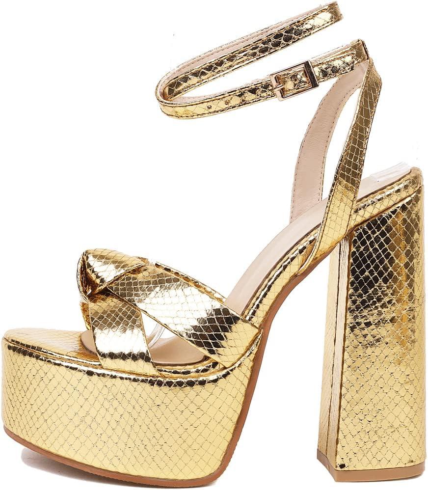 YIYA Women's Metallic Platform Chunky Heeled Sandals Open Round Toe Strappy Heels Ankle Strap Wedding Party Dress Shoes (8, Gold)