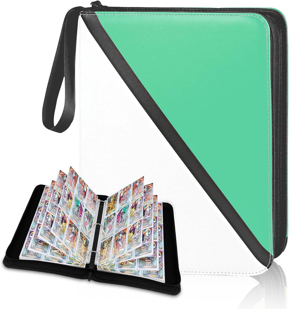 Trading Card Binder 9 Pocket, 900 Pockets Card Holder with 50 Removable Sleeves for Game Cards,Premium Card Book, Game Cards & Sports Cards (White & Green)