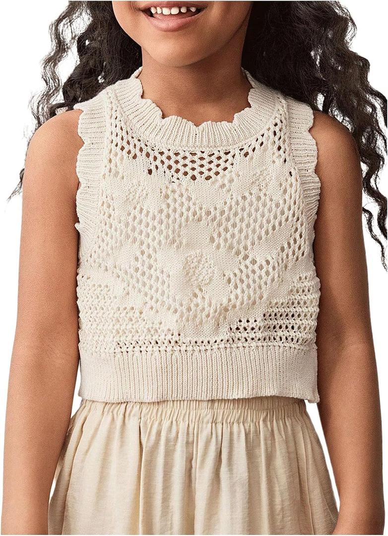 MakeMeChic Girl's Summer Crochet Tops Sweater Vest Sleeveless Cute Crop Tops Knitwear (Beige)