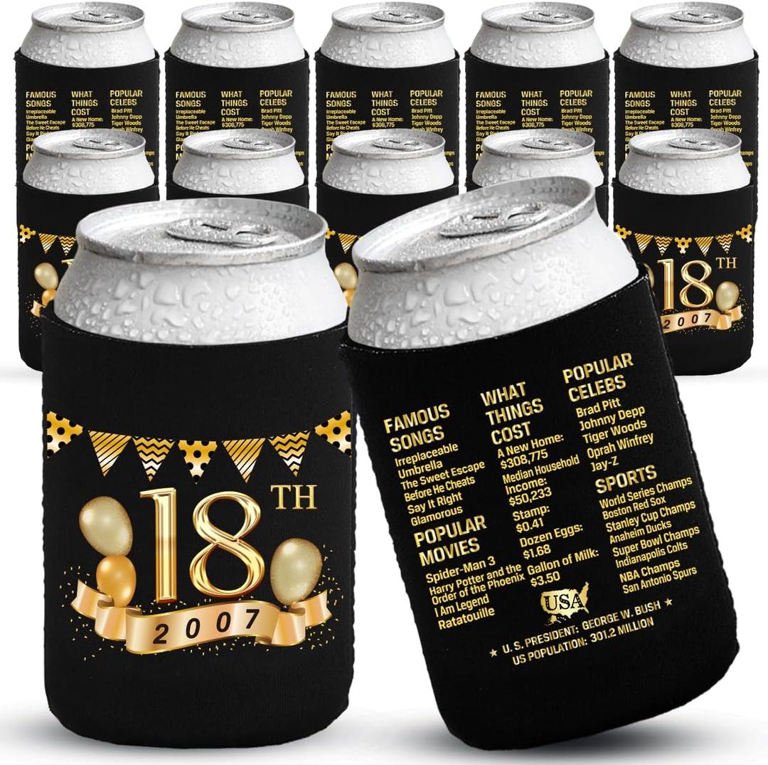 18th Birthday Decorations - Boys & Girls, Party Supplies & Favors, Beverage Can Cooler Sleeves - 12-Pack, Black & Gold