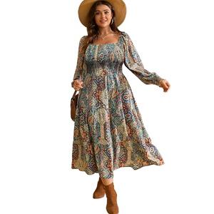 RWJ Women's Plus Size Fall Dress Long Sleeve Square Neck Wedding Guest Smocked A Line Boho Flowy Maxi Dresses with Pockets Blue Paisley 2XL