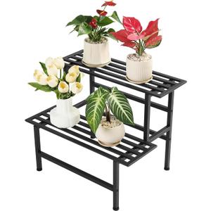 Metal Plant Stand Outdoor Plant Shelf Indoor,2 Tier Heavy Duty Ladder Plant Stands for Multiple Plants,26" L x 20.25" H x 17.75" W,Black